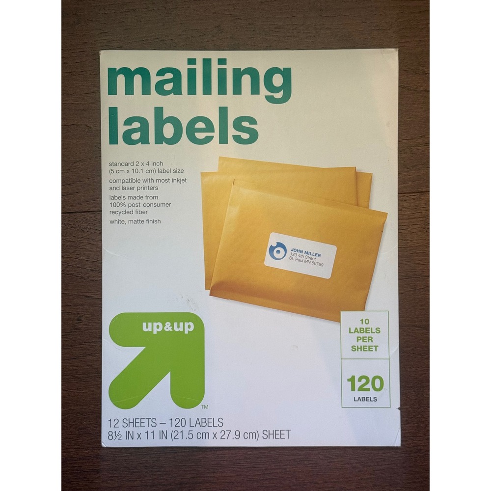 Up & Up White Matte Mailing Labels 2 x 4 Inch Inkjet Laser 8 Sheets 80 Count